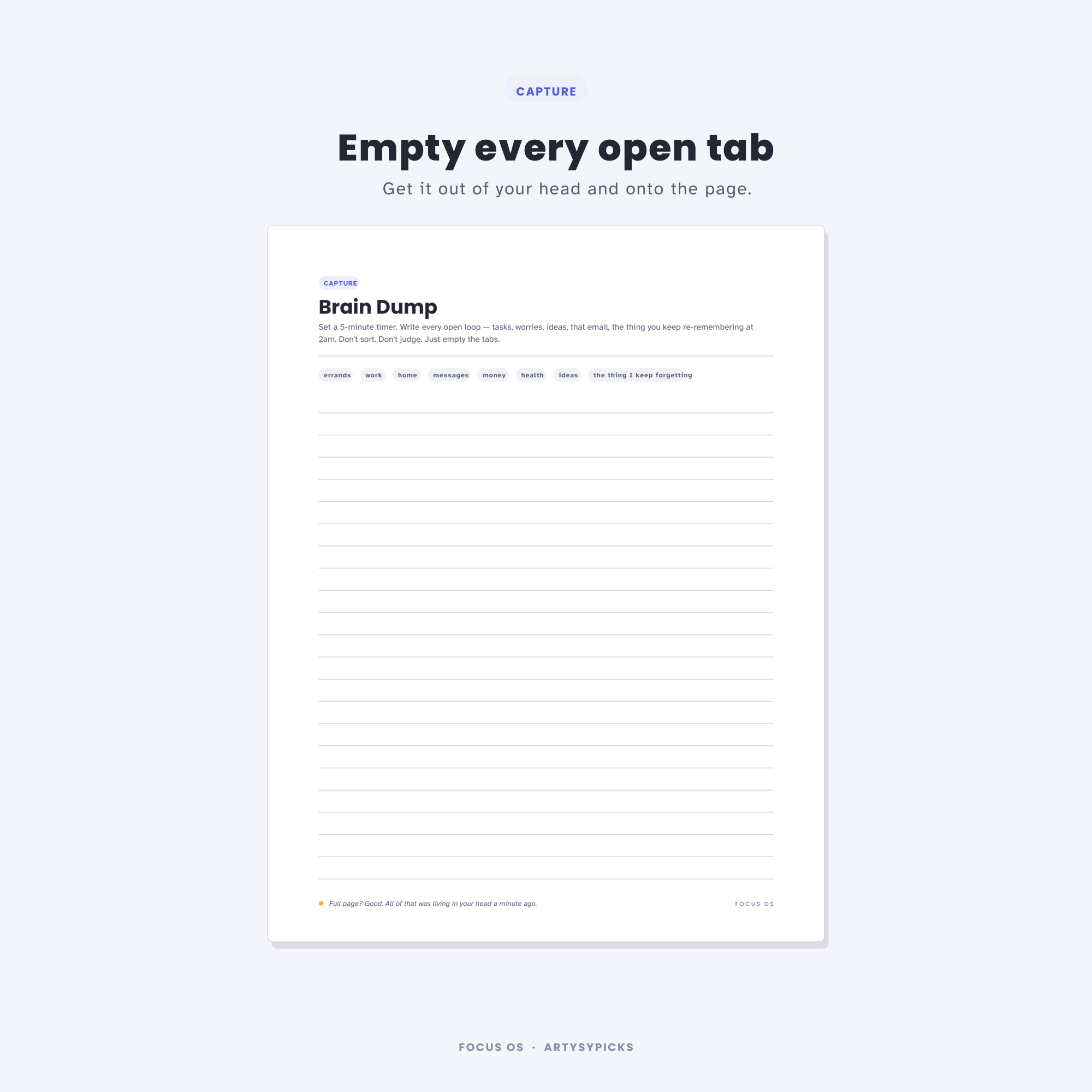 The Brain Dump page — an open grid for emptying every task out of your head at once