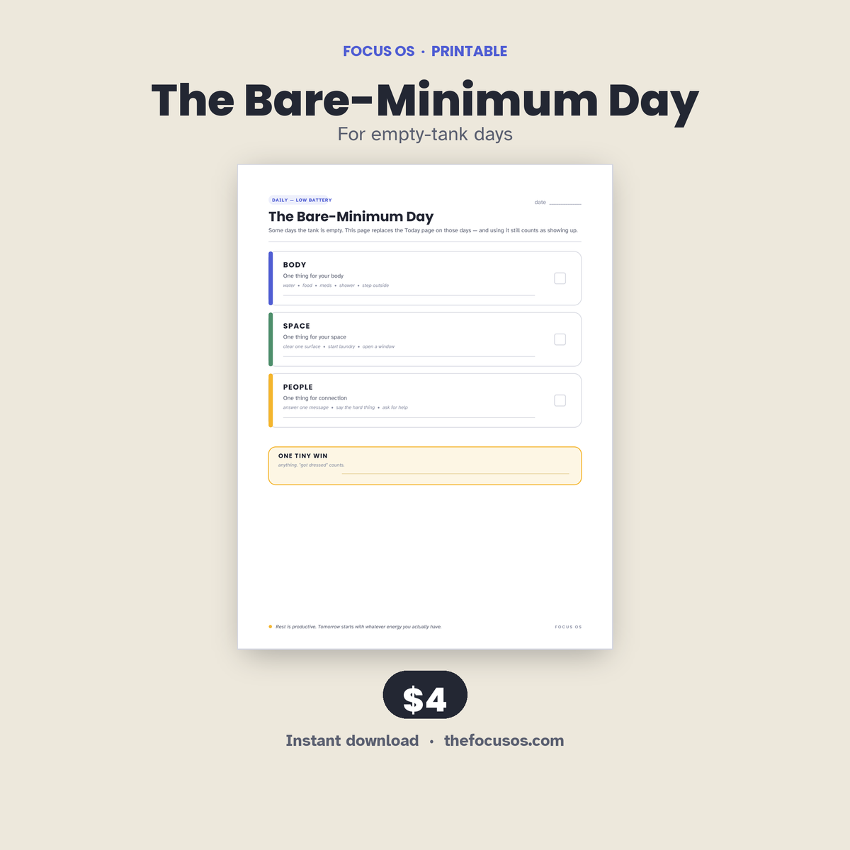 The Bare-Minimum Day printable planner page
