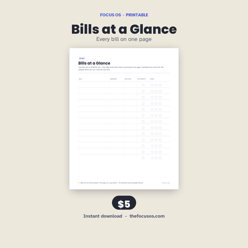 Bills at a Glance printable planner page