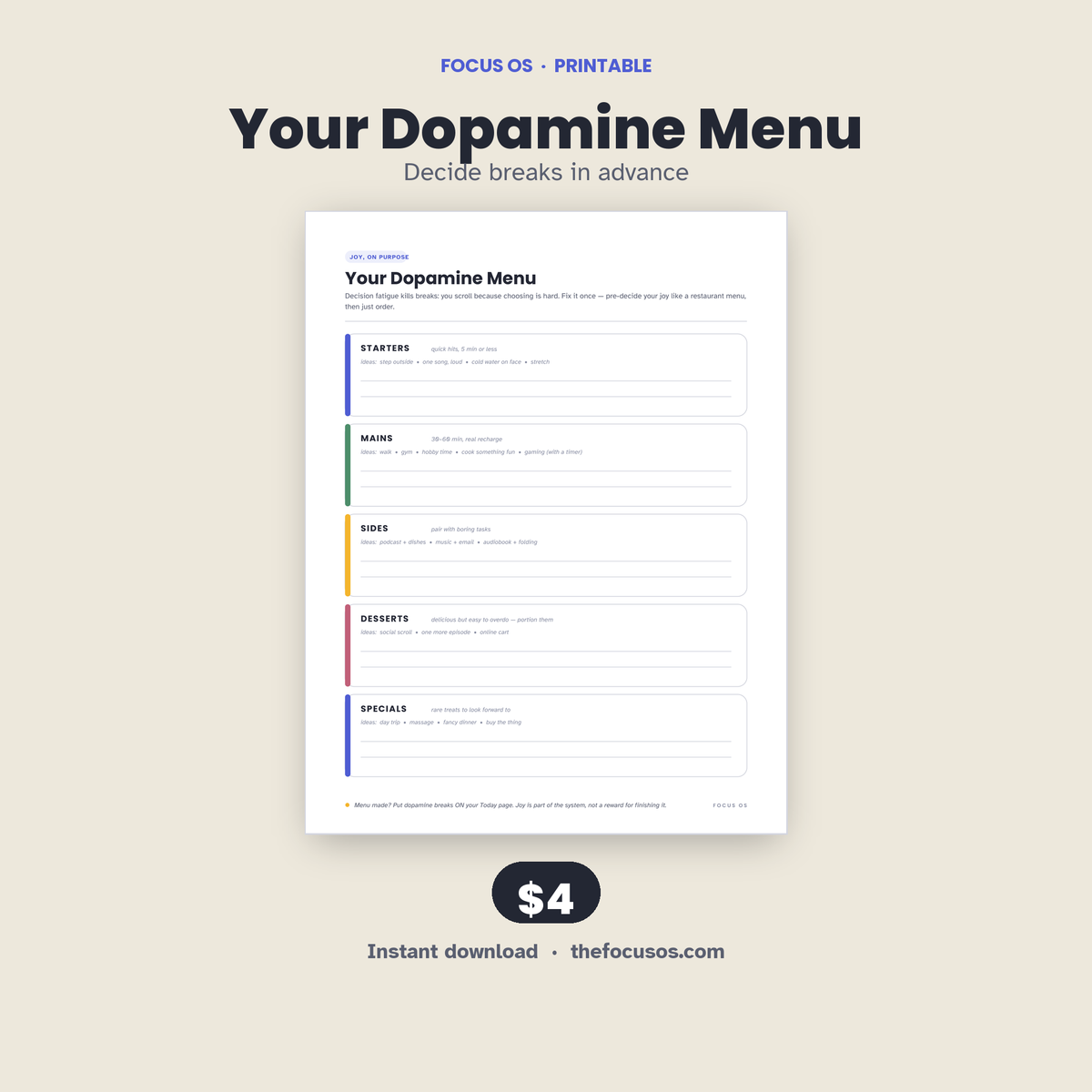 Your Dopamine Menu printable planner page