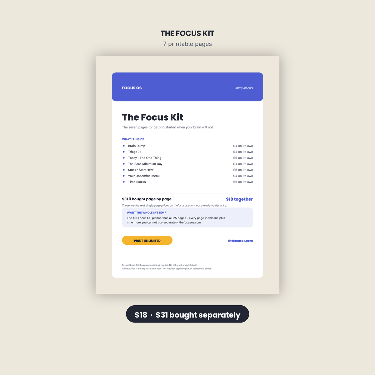 The Focus Kit - 7 printable pages