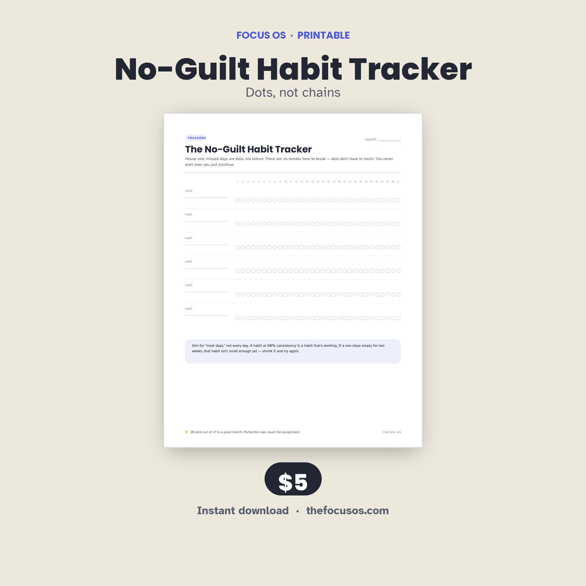 No-Guilt Habit Tracker printable planner page