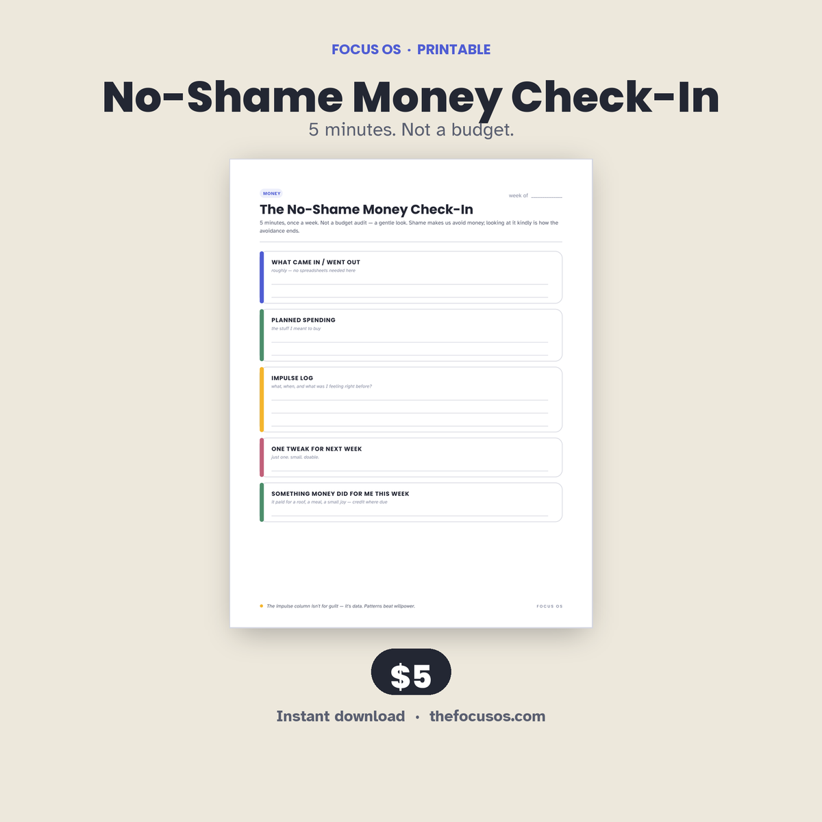 The No-Shame Money Check-In printable planner page