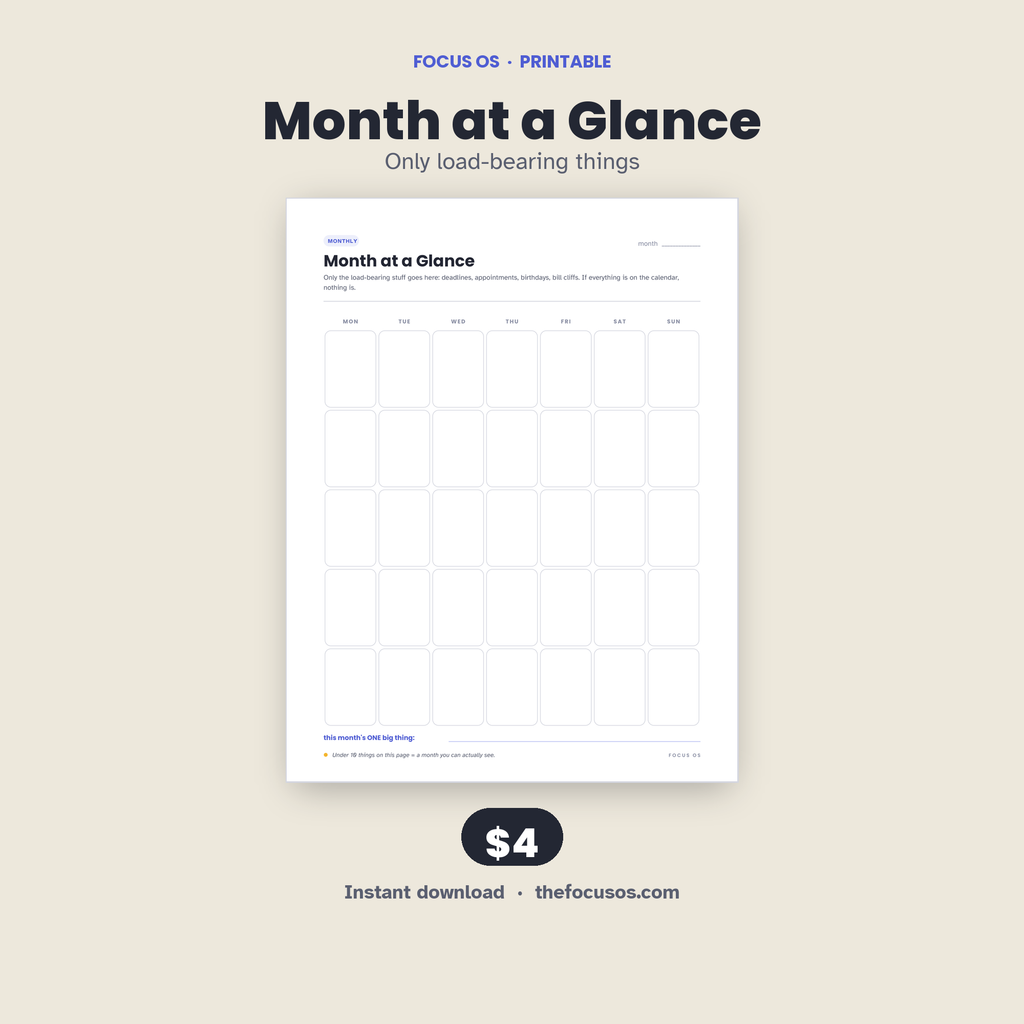 Month at a Glance printable planner page