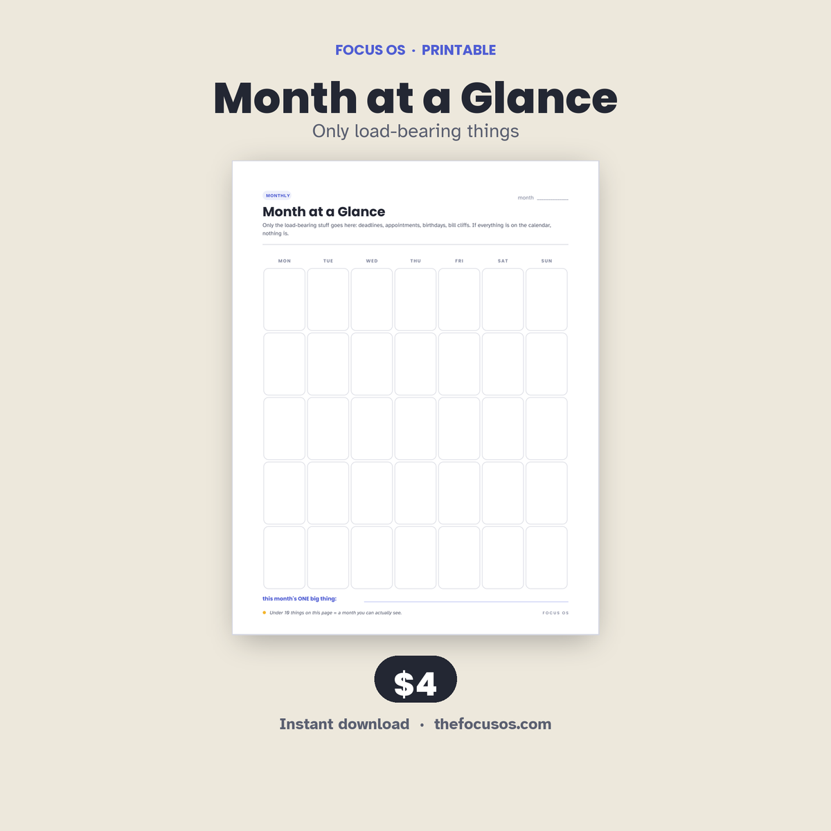 Month at a Glance printable planner page