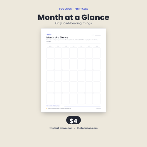 Month at a Glance printable planner page