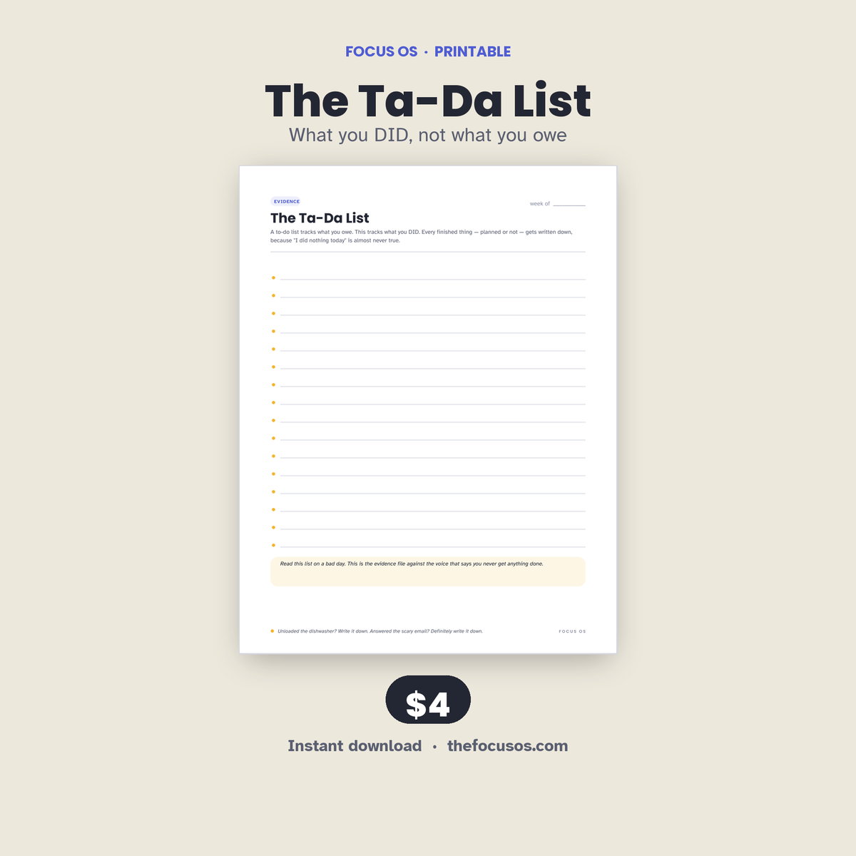 The Ta-Da List printable planner page