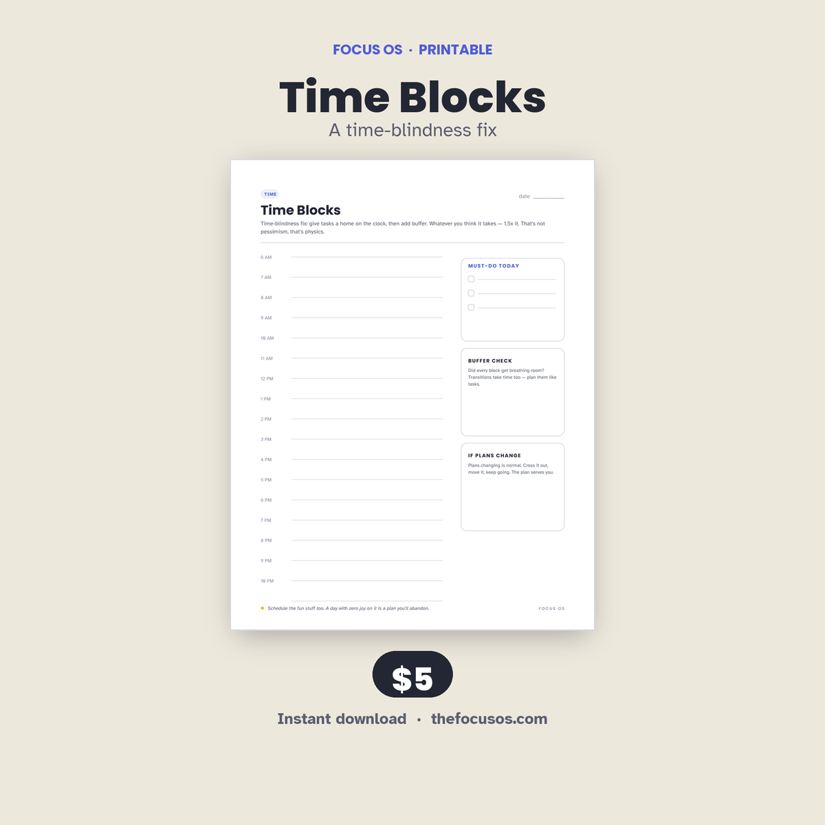 Time Blocks printable planner page