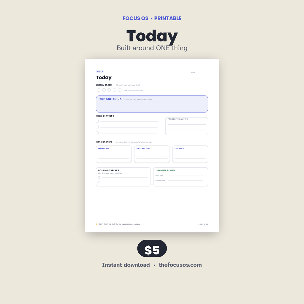 Today - The One Thing printable planner page