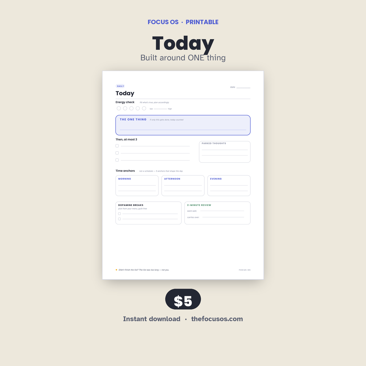 Today - The One Thing printable planner page