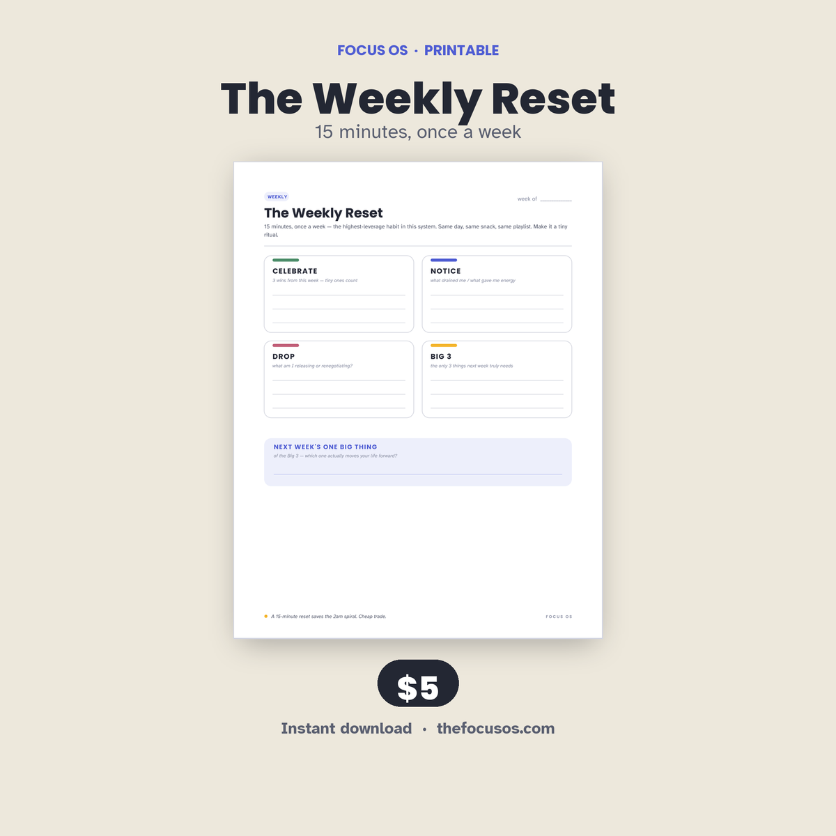 The Weekly Reset printable planner page